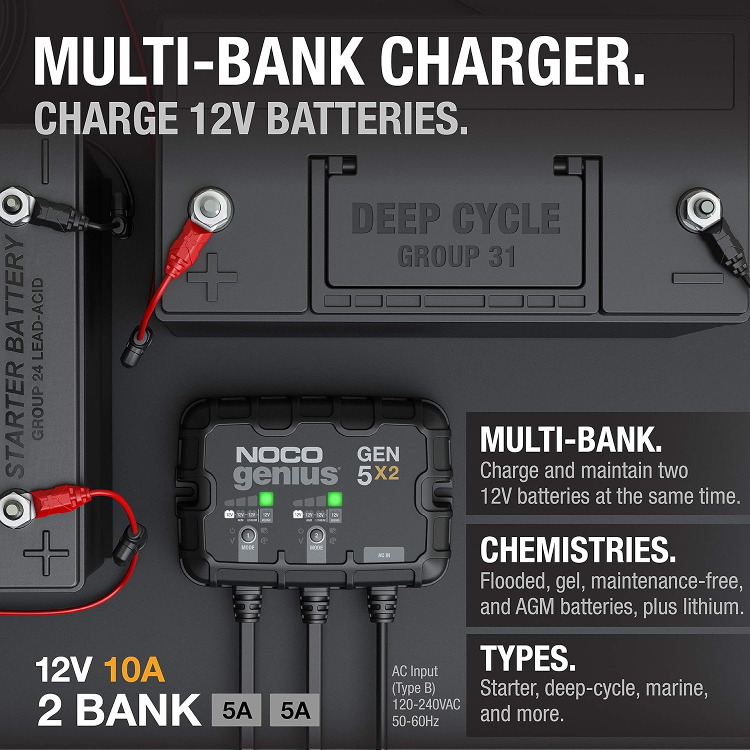 NOCO Genius GEN5X2: 2-Bank, Marine Charger with Overcharge Protection & Temperature Compensation